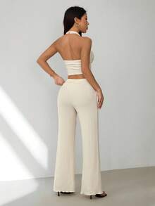 SHEIN PETITE Bộ áo hai dây và quần dài mùa hè dành cho nữ - Màu be - Xem 2