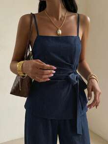 DAZY 2pcs Women's Casual Pleated Tie-Up Camisole & Pants Set Summer - Blue - View 3