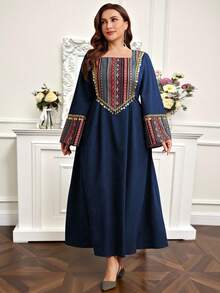 Al Najma 大码女式拼接流苏装饰收腰A字度假连衣裙 - 藍色 - 查看 1