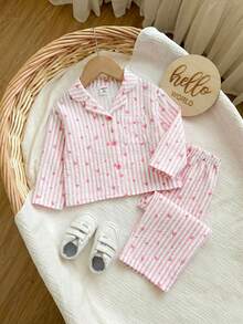 SHEIN Bộ đồ ngủ dài tay kẻ sọc hồng, kiểu dáng giản dị, dễ thương cho bé gái, có nơ thắt cổ. - Màu Hồng baby - Xem 5
