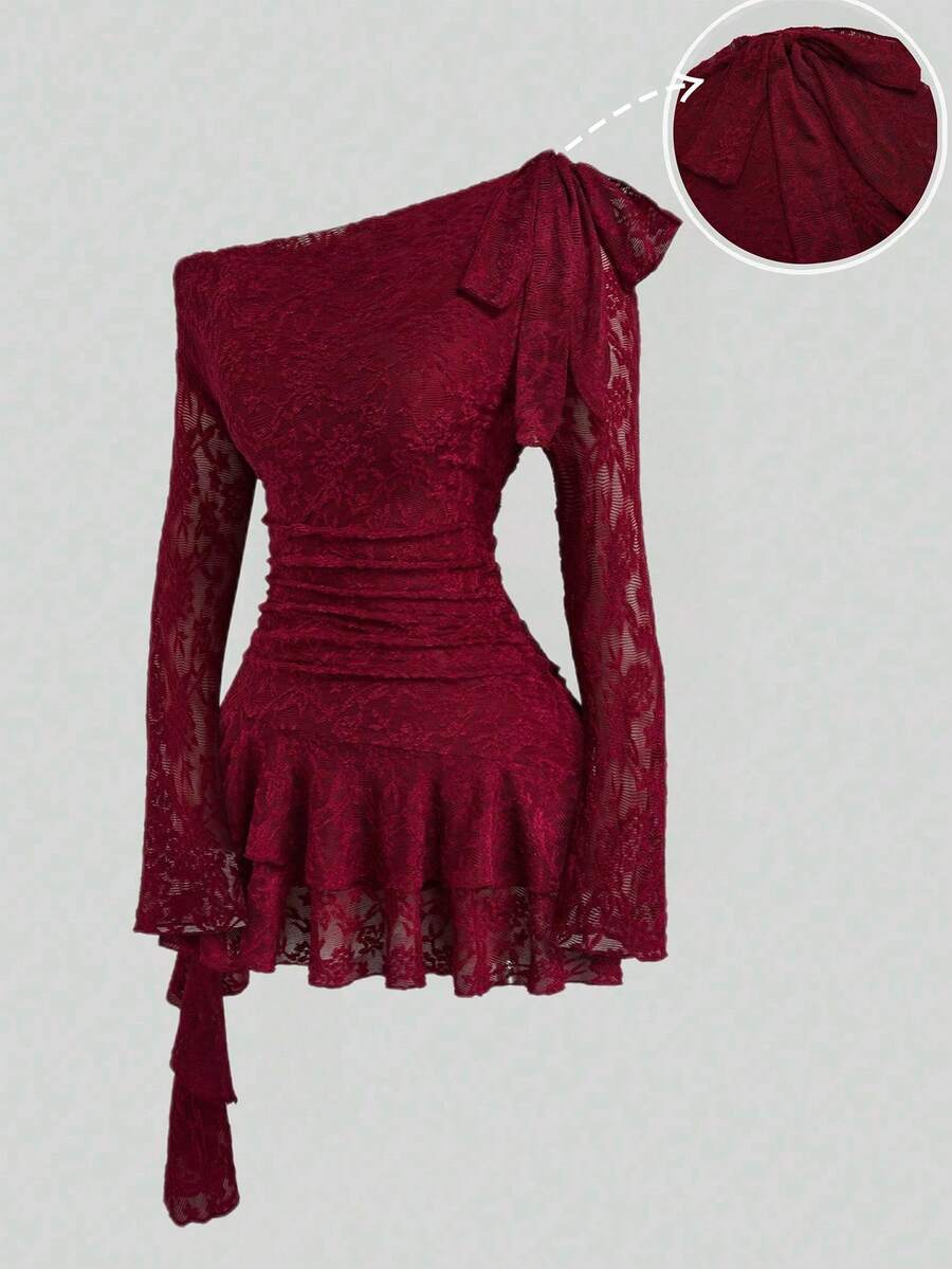 Sweetra Đầm ren gợi cảm và thanh lịch dành cho nữ, kiểu dáng bất đối xứng, xếp ly, buộc dây vai, thích hợp cho mùa xuân/hè. - Đỏ - Xem 1