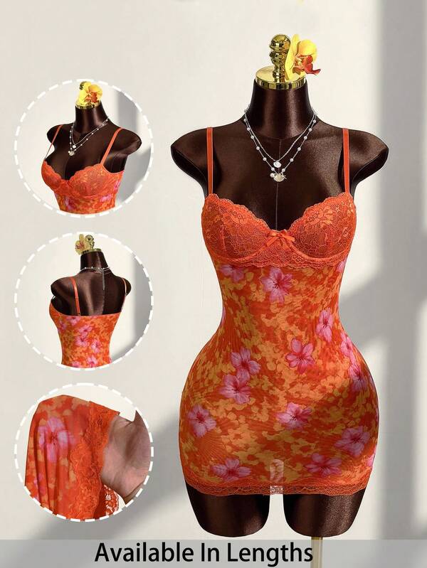 SHEIN PETITE CURVE Plus Size Women's Lace Cup Detail Tropical Floral Mesh Bodycon Mini Dress, Bohemian Style