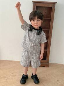 DAZY 2pcs Baby Boy Korean Style Plaid Short Sleeve Casual T-Shirt And Shorts Set Summer - Apricot - View 2