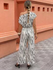 Elenzga Bộ jumpsuit nữ in họa tiết toàn thân, cổ lệch vai, tay cánh dơi, thắt nơ phía trước, ống rộng, thích hợp cho hẹn hò, công sở, du lịch, nghỉ lễ và mặc thường ngày. - Nhiều màu - Xem 3