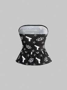 ROMWE Y2K Women's Lace Patchwork Pistol & Windmill Print Casual Versatile Camisole Top, Suitable For Dates And Parties - Black - View 2