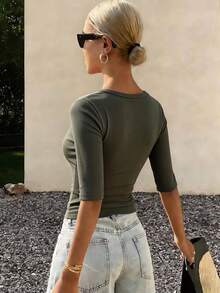 DAZY Women's Summer Square Neck Fitted Ribbed Casual Short Sleeve T-Shirt - Green - View 2