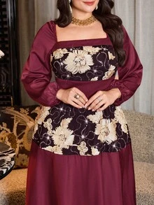 Modelyn Vestido Confortável com Decote Quadrado, Mangas Longas e Sem Mangas, Bordado com Lantejoulas e Contas, Adequado para Festa, Passeio e Trabalho, Plus Size para Mulheres - Vinho - Visão 4