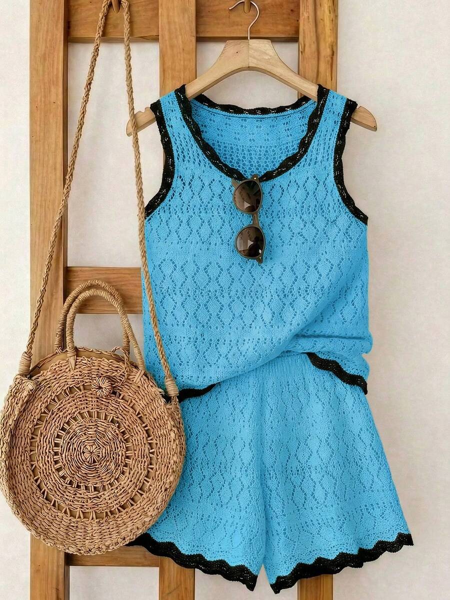 SHEIN Franclia 新款简约夏日度假风优雅镂空波浪领性感吊带修身连衣裙,撞色针织背心无袖毛衣两件套,春夏款 - 水鴨藍 - 查看 1