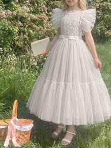 Tween Girls Elegant Luxurious Mesh Patchwork Princess Dress, Suitable For Birthday Party, Wedding, Flower Girl Dress Tween Girl Faux Pearl Dress Teen Girl Spring Dress Puff Sleeves Ivory Tween Dress Francila Dress White Girls Ivory Dress For Girls - Apricot - View 4