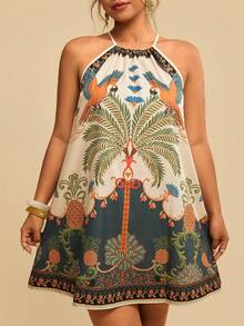 Travachic Plus Size Tropical Print Halter Neck Casual Dress - Multicolor - View 1