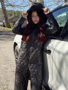 Abrilcols 女士加厚黑色绗缝羽绒服，适合滑雪、秋冬季穿着 - 黑色 - 查看 5