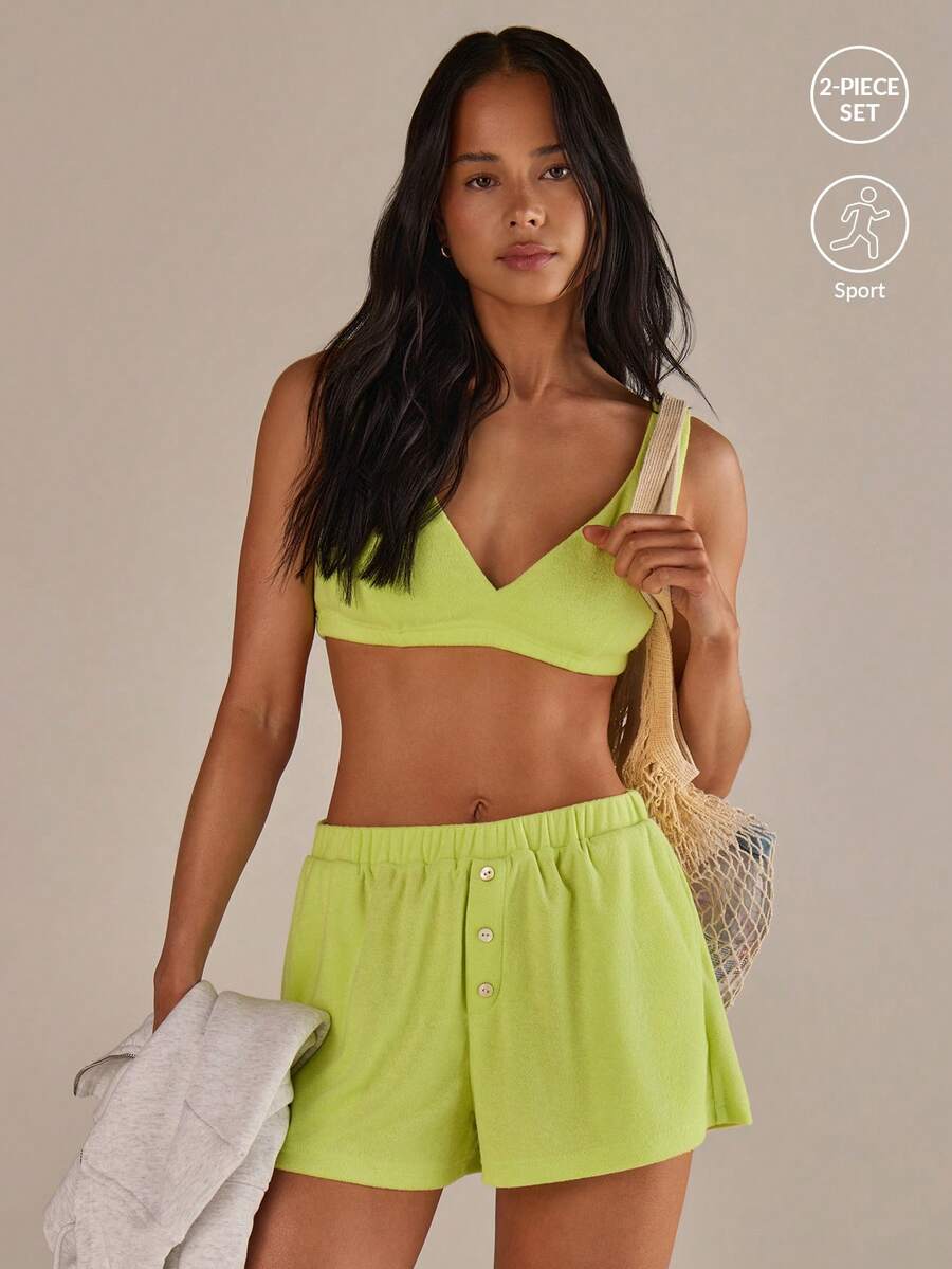 Athîral Bộ đồ 2 món dành cho nữ, kiểu dáng thường ngày, màu trơn, gồm áo tank top và quần short, thích hợp cho kỳ nghỉ. - màu xanh lá - Xem 1