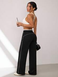Dewbera Pantalones de chándal casuales y holgados con cintura elástica y ribete de contraste para mujer - Negro - Ver 6