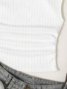 SHEIN Teen Girl Splice Casual Asymmetric Shoulder Textured Fabric Camisole - White - View 4