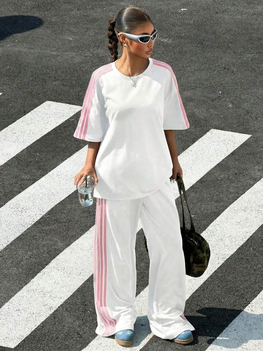 Muchica Conjunto informal de 2 piezas con tirantes trenzados vintage marrón y diseño de parches para mujer, nuevo para el verano - Blanco - Ver 1