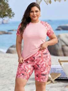 Swim Lushoire 大码女式热带植物印花插肩袖短裤休闲背心套装 - 粉色 - 查看 4
