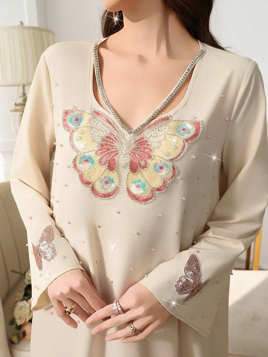 Al Najma 大码女式休闲蝴蝶印花阿拉伯风格连衣裙，适合派对和外出 - 杏色 - 查看 1