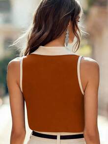 EMERY ROSE Women's Contrast Color Single-Breasted Sleeveless Casual Shirt - Brown - View 2