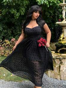 Lyrianda 春夏秋三季新款法式度假风优雅派对公主雪纺绒球波点胸罩泡泡短袖A字连衣裙，收腰显瘦长款正式女装，春季连衣裙长裙晚礼服生日礼服 - 黑色 - 查看 4