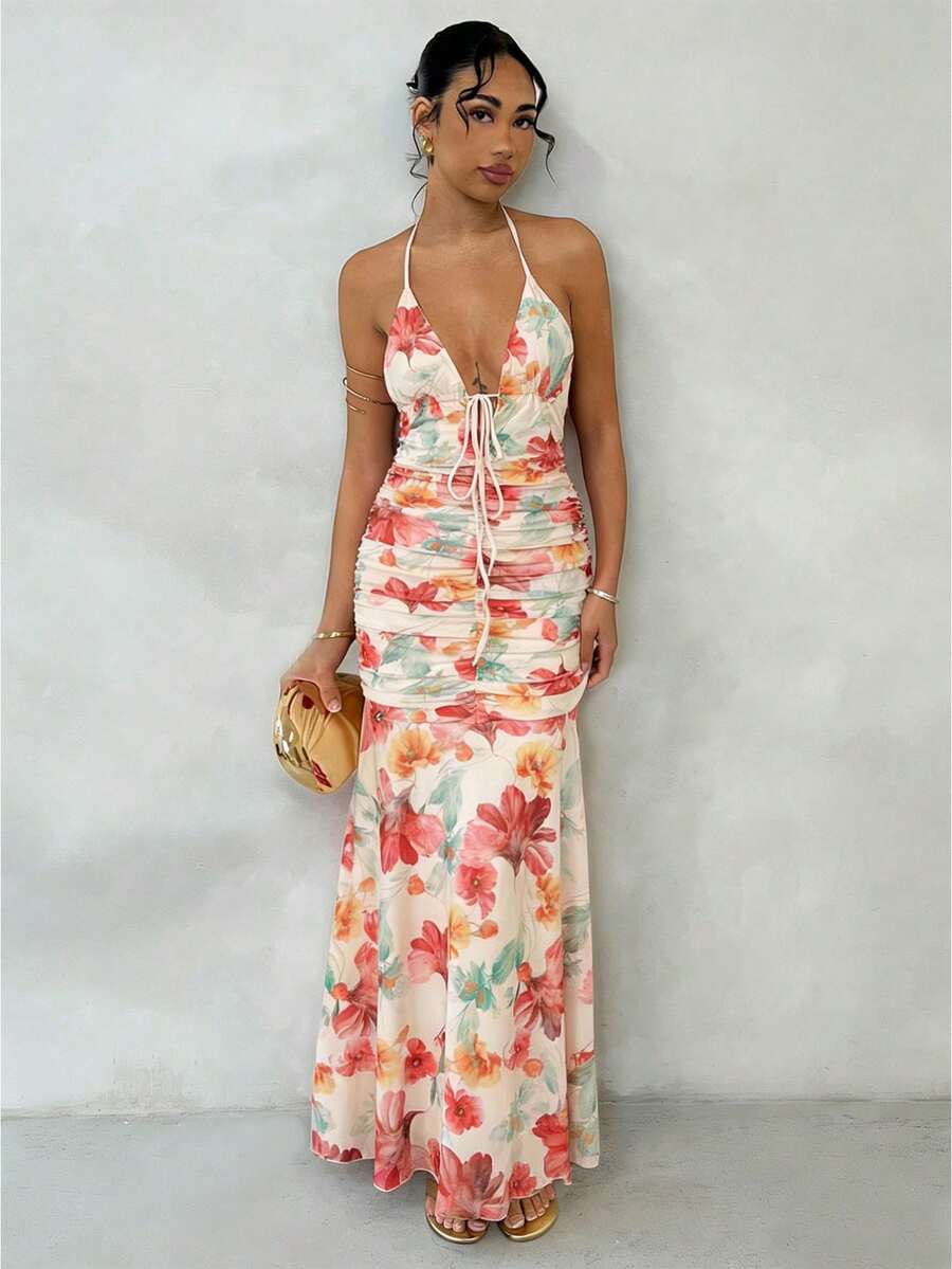 Glamine Women's Long Printed Backless Dress, Romantic Holiday Wear - Multicolor - View 1