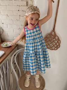 Dazy Kids Toddler Girls Plaid Round Neck Casual Woven Mid-Length Sleeveless Dress - Blue - View 3