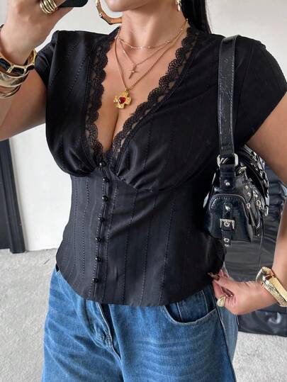 POPSWAY New Arrival Spring/Summer Vacation Elegant French Style Sweet Cute Hollow Textured Fabric Lace Trim Puff Sleeve V-Neck Cinched Waist Cardigan Shirt Blouse For Women