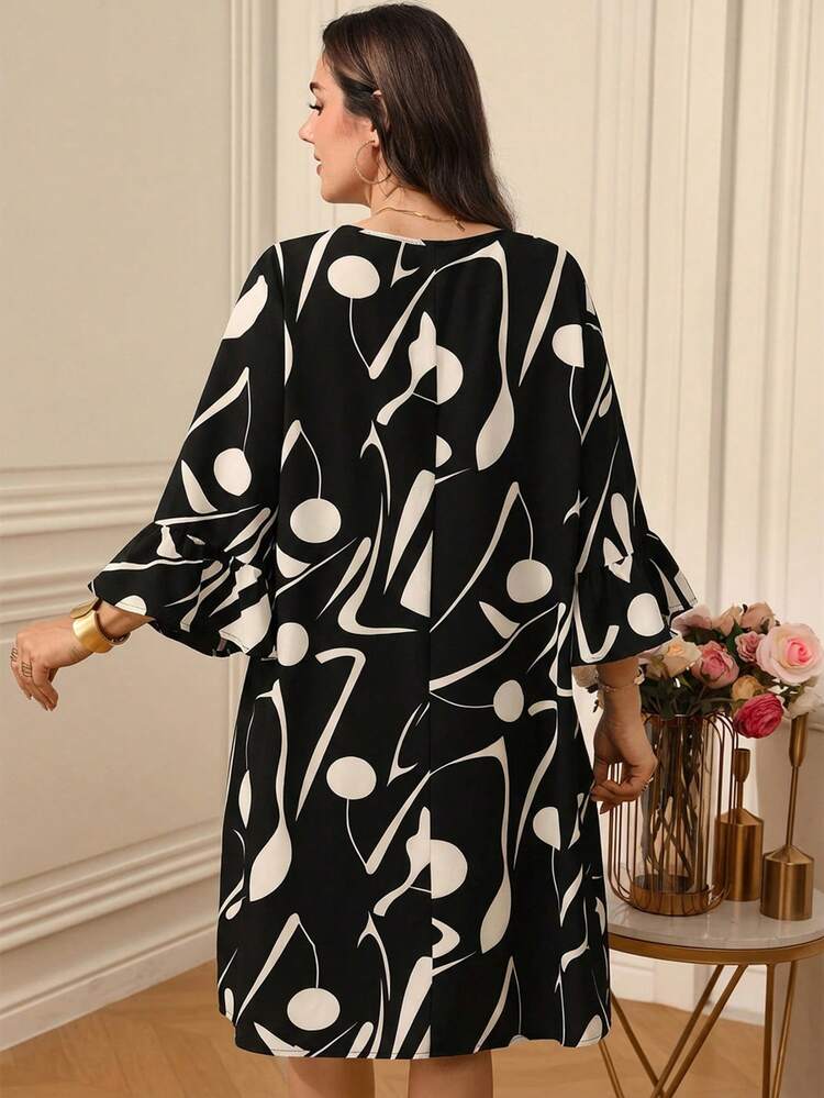 Plus Size Women's Summer Casual Vacation Black Geometric Print Round Neck 3/4 Sleeve Dress, Spring/Summer,Summer Holiday,Vacation Outfits Women ,Holiday Outfits For Women,Going Out Outfits,2026 New Clothes,Simple And Fashionable For Everyday Wear,Suitable For Summer, Vacation, Commute, Daily Wear, Print Dresses For Women, Elegant Dress