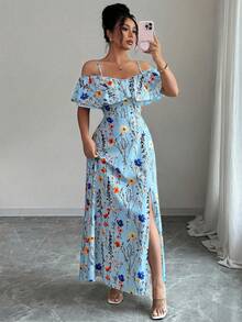 Elenzga Women's Summer Beach Holiday Tea Party Holiday Floral Print Cold Shoulder Ruffle Trim Waist Dress Light Blue Boho - Multicolor - View 5