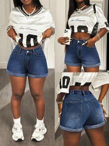 SHEIN SXY Quần short denim nữ cỡ lớn, có túi và khuy cài, kiểu dáng thường ngày, đa năng. - Rửa tối - Xem 1