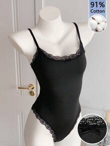 SHEIN EZwear 女士蕾丝边休闲连体衣，适合日常穿着 - 黑色 - 查看 5