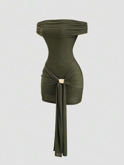 Sweetra Spring/Summer Elegant Green Mesh Off-Shoulder Short Sleeve Dress With Metal Buckle Decor, Fitted And Graceful, Army Green