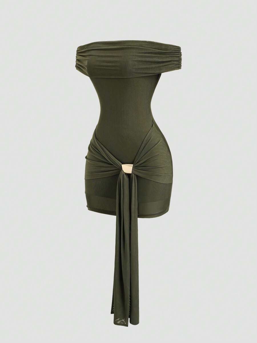 Sweetra Spring/Summer Elegant Green Mesh Off-Shoulder Short Sleeve Dress With Metal Buckle Decor, Fitted And Graceful, Army Green - Green - View 1