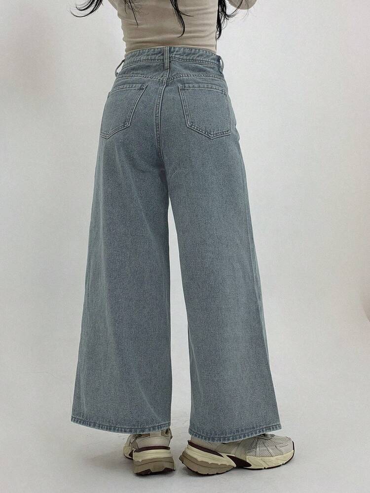 Women's Washed Distressed Loose Fit Wide Leg Jeans, Versatile Casual