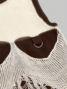 ROMWE Grunge Punk Áo len dệt kim phối màu tương phản khoét lỗ gợi cảm dành cho nữ - màu nâu - Xem 4