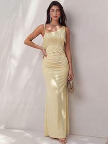 Glamine Đầm maxi satin màu vàng kem mới, cổ lệch, co giãn hai bên, đính sequin và tua rua, thích hợp cho nữ dự tiệc hoặc hẹn hò. - Màu vàng - Xem 4