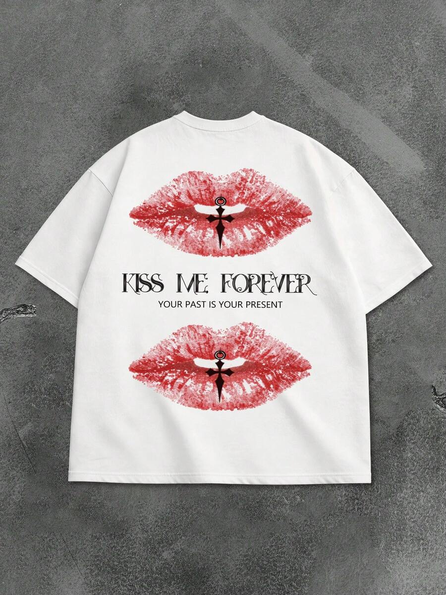 Manfinity EMRG Men's Letter & Lip Print Round Neck Short Sleeve T-Shirt - White - View 1