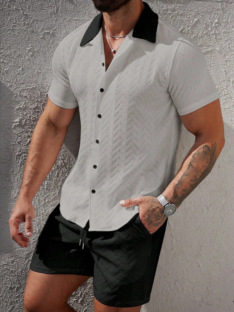 Manfinity CasualCool 2pcs Men's Casual Short Sleeve Shirt & Shorts Set - Multicolor - View 1