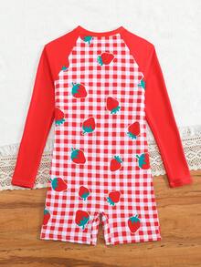 SHEIN Bộ áo liền quần dài tay in họa tiết kẻ caro và dâu tây dành cho bé gái tuổi teen, thích hợp cho kỳ nghỉ biển, tiệc bể bơi, tiệc bãi biển. - Đỏ - Xem 2