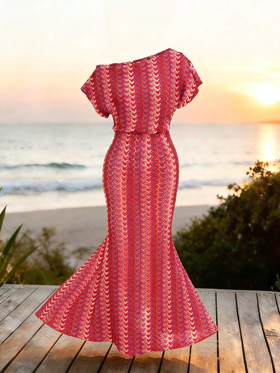 Franclia Đầm nữ móc len cổ vai, eo thắt, dáng đuôi cá thanh lịch - Đỏ - Xem 1