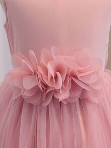 Vestido de festa sem mangas para menina pré-adolescente, cor sólida, com decoração floral 3D. - Rosa Empoeirado - Ver 2