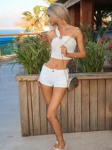 Sydney Algeri Quần short denim mini cạp thấp có túi dành cho nữ - trắng - Xem 5