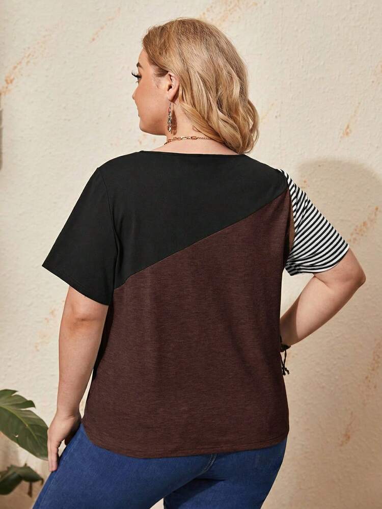 Plus Size Striped & Colorblock Print Round Neck Casual Short Sleeve T-Shirt Women Plus Size Tops Plus Size T Shirts For Women Summer Dress Summer Outfits For Women Spring Clothing Spring Outfit Beach Outfits For Women Vacation Outfits Women Summer Holiday Outfits Country Style For Women Summer Tops