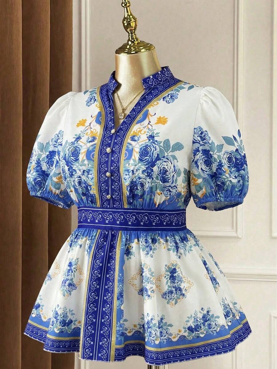 Rometta 大码女式优雅紫红色和粉色压花花卉印花收腰A字下摆衬衫,饰有珍珠纽扣,修身显瘦,适合婚礼、聚会、节日(如返校、毕业典礼、情人节、音乐节、母亲节、万圣节、感恩节、复活节、国庆节)、晚会、约会、派对、婚礼、郊游等场合。 - 藍色 - 查看 1