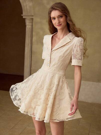 MOTF PREMIUM 夏季新款精美3D立体花卉提花蕾丝飘逸宫廷风宴会衬衫领花瓣袖收腰A字公主裙