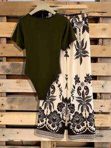 Franclia Bộ áo liền quần tay ngắn cổ chữ V và quần ống rộng in họa tiết nhiệt đới dành cho nữ cỡ lớn, thích hợp cho mùa xuân, hè và thu. - Nhiều màu - Xem 2