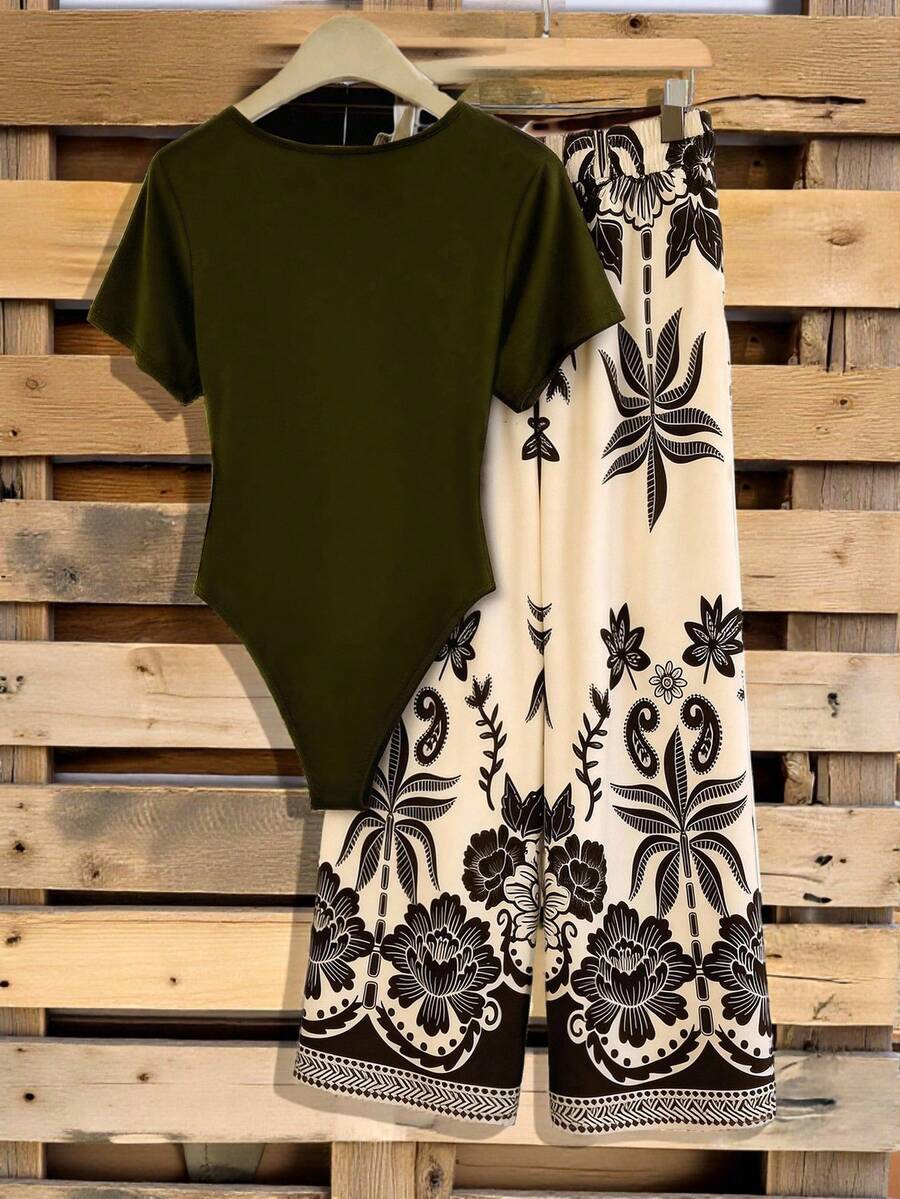 Franclia 大码女式V领短袖连体裤搭配热带印花宽松阔腿裤套装，适合春、夏、秋季穿着。 - 彩色 - 查看 1