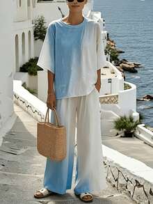 EMERY ROSE Woven Loose Dropped Shoulder Short Sleeve Top + Casual Side Pocket Straight Leg Pants - Blue and White - View 3