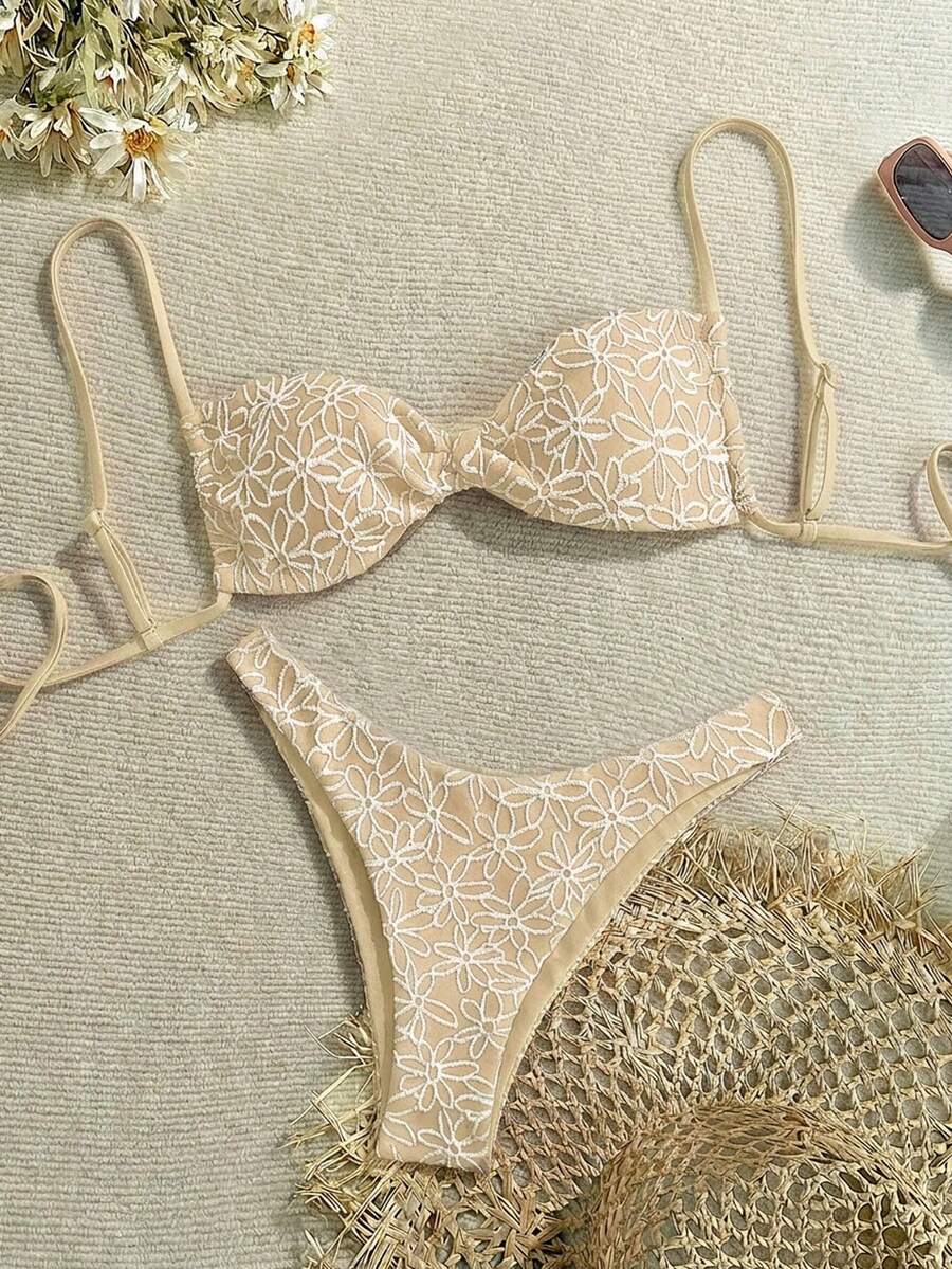 Swim Mod 2026 Floral Print Women's Bikini Set, Suitable For Beach Vacation - Beige - View 1