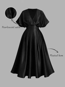 SHEIN MOD 大码女士纯色褶皱优雅缎面连衣裙 - 黑色 - 查看 1