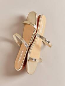 Hauture Metallic Two Thin Band Open Toe Flat Slide Sandals Summer Shoes Spring Shoes Spring Break Easter Mother's Day Present For Christmas - Gold - View 3